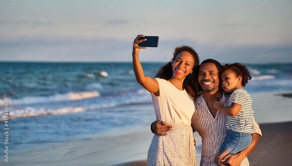 A man, woman and child on a beach taking a selfie