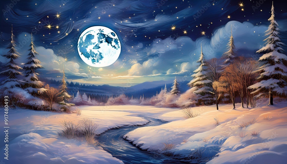 Naklejka premium A painting depicting a winter scene with snow covering the ground under a starlit sky. A full moon shines brightly, casting a soft glow over the serene landscape.