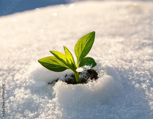 A young green plant sprouts out of the snowy ground, symbolizing the transition from winter to spring. photo