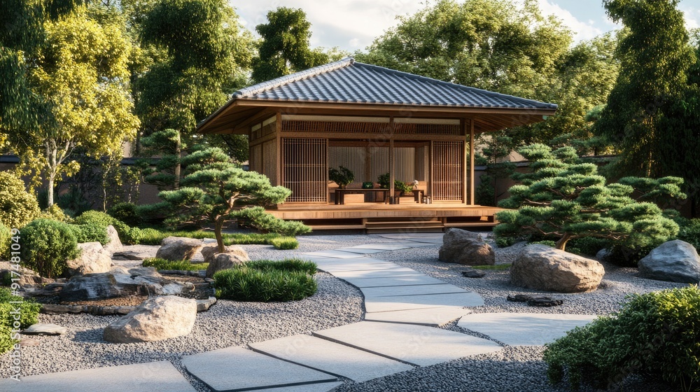 A serene Japanese backyard with a traditional tea house, bonsai trees, and a zen rock garden in anime style A serene Japanese backyard with a traditional tea house, bonsai trees, and a zen rock garden in anime style