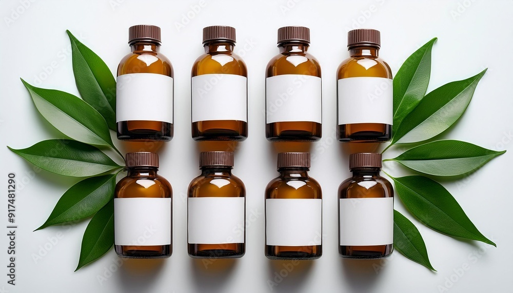An overhead view of seven brown glass bottles with blank white labels arranged on a white surface, surrounded by green leaves An overhead view of seven brown glass bottles with blank white labels arranged on a white surface, surrounded by green leaves