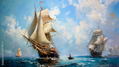 oil painting of tall ships sailing in the sea, with one ship leading and another following behind it, with blue sky and white clouds in background