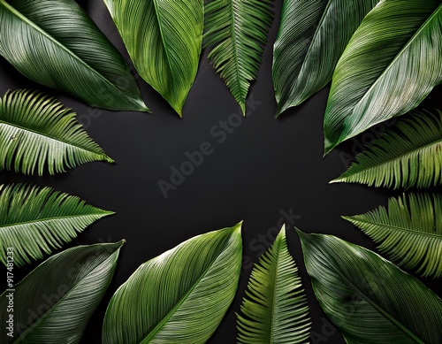 A flat lay of assorted green tropical leaves arranged around a black background, leaving empty space in the center