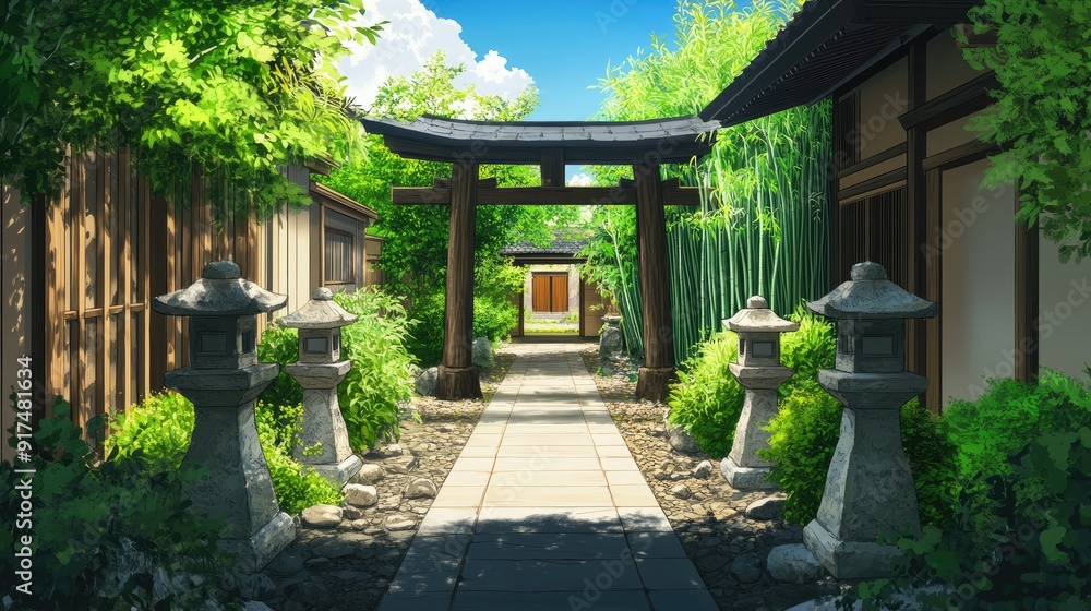 A traditional Japanese house's backyard featuring a torii gate, stone lanterns, and a bamboo garden in anime style A traditional Japanese house's backyard featuring a torii gate, stone lanterns, and a bamboo garden in anime style