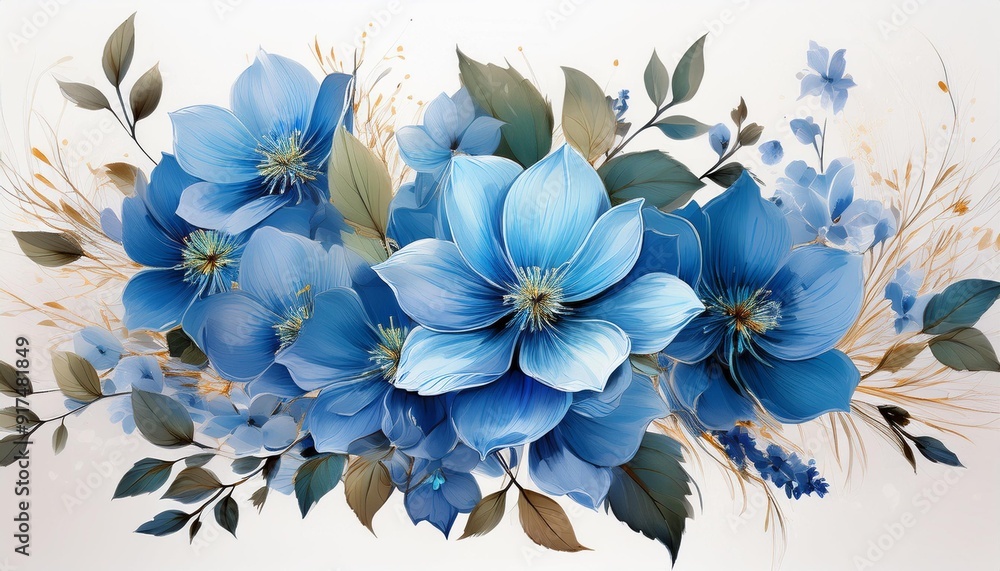 A digital illustration depicting a bouquet of blue flowers with delicate leaves on a white background A digital illustration depicting a bouquet of blue flowers with delicate leaves on a white background