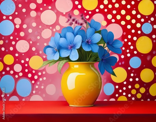 A yellow vase with blue flowers sits on a red table in front of a pink and red polka dot background