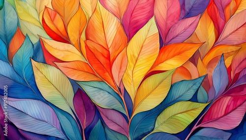 Wallpaper Mural A vibrant watercolor painting of overlapping leaves in various colors, including yellow, orange, red, blue, green, and purple Torontodigital.ca