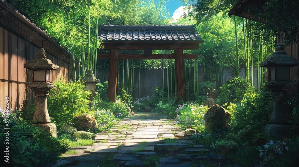 A traditional Japanese house's backyard with a torii gate, stone lanterns, and a lush bamboo garden in anime style A traditional Japanese house's backyard with a torii gate, stone lanterns, and a lush bamboo garden in anime style