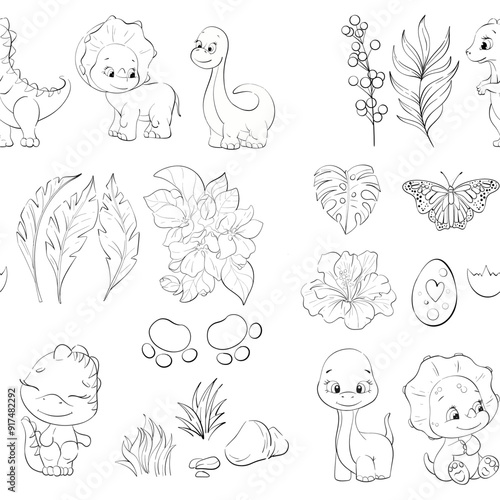 Vector seamless pattern - baby dinosaur with tropical leaves and flowers. Dino egg. Clipart for baby shower, nursery, stickers, prints with historical animals. Isolated