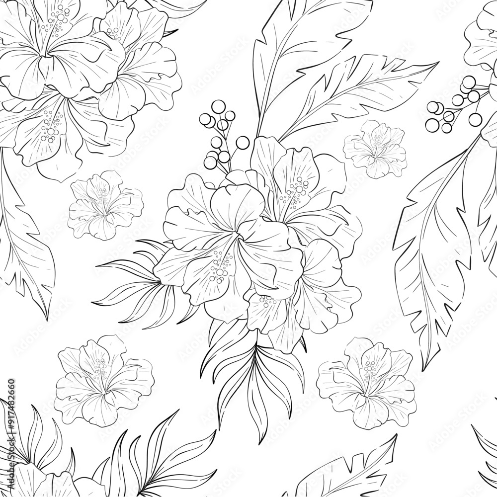 Vector seamless pattern Hibiskus bouquet with palm leaves. Background with Tropical botanic illustration. Summer exotic, elegant flora. Black silhouette for circuit Vector seamless pattern Hibiskus bouquet with palm leaves. Background with Tropical botanic illustration. Summer exotic, elegant flora. Black silhouette for circuit