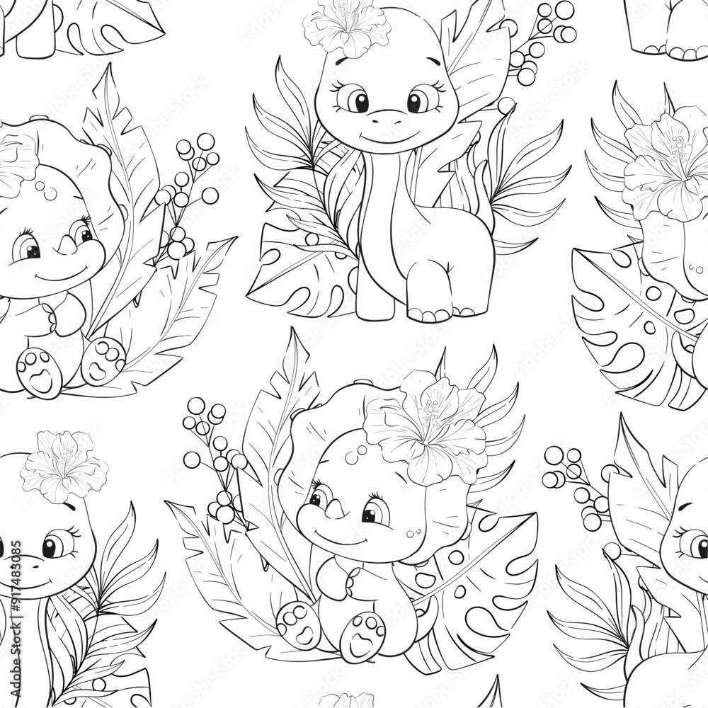 Fototapeta premium Vector seamless pattern with baby dinosaurs, palm leaves, tropical flowers. Clipart for baby shower, nursery, decor, stickers, prints with historical animals. Jurassic period. Black silhouette for