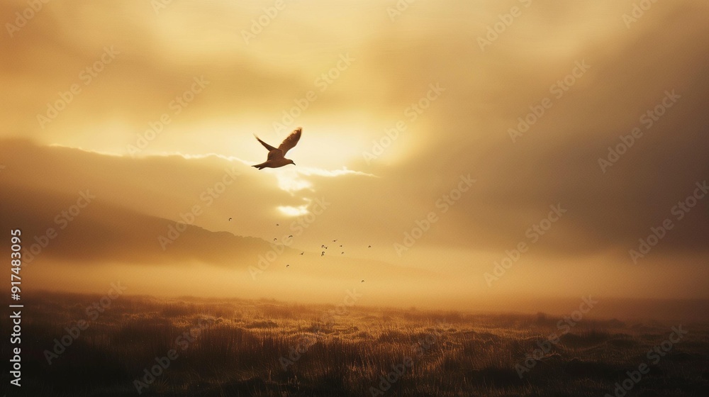 Serene Sunrise Bird in Flight Over Misty Golden Fields Landscape Photography Serene Sunrise Bird in Flight Over Misty Golden Fields Landscape Photography