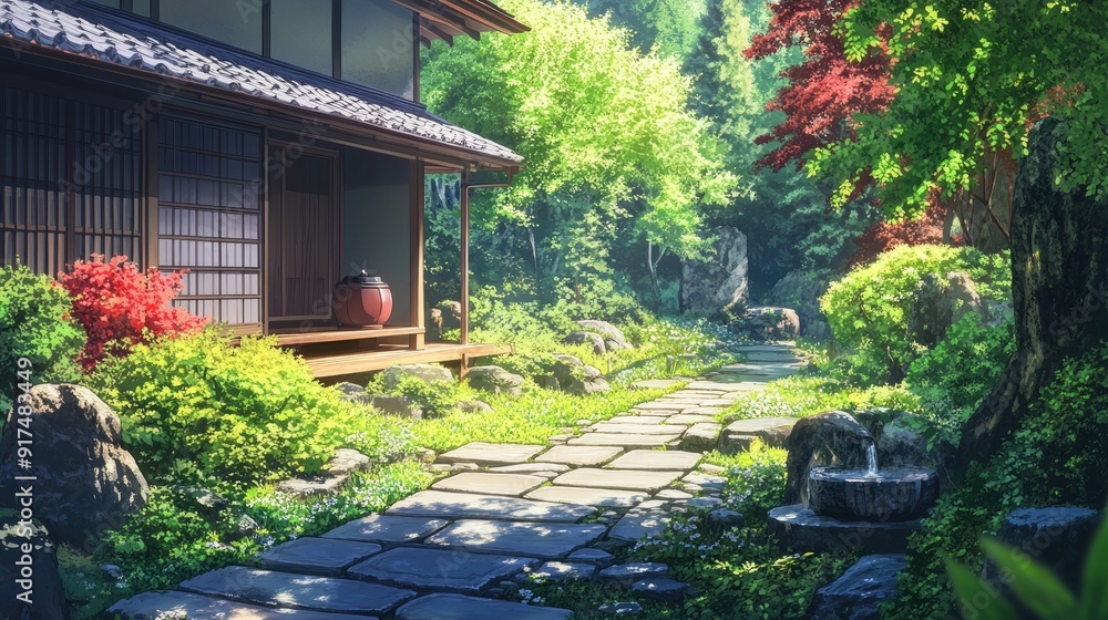 Anime-style backyard of a Japanese home with maple trees, a stone pathway, and a small tea house Anime-style backyard of a Japanese home with maple trees, a stone pathway, and a small tea house