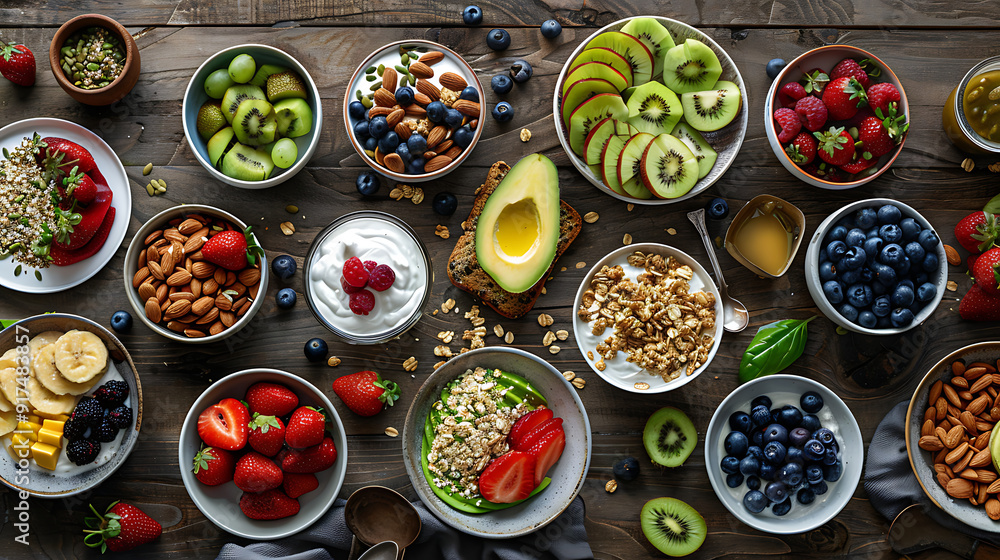 healthy food table top view featuring avocado toast, fresh fruits like strawberries and blueberries, bowls of yogurt with granola and nuts, directly above view, all arranged on a rustic wooden table. healthy food table top view featuring avocado toast, fresh fruits like strawberries and blueberries, bowls of yogurt with granola and nuts, directly above view, all arranged on a rustic wooden table.