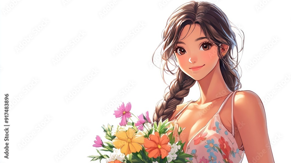 Anime-style cute woman with long braids, a cheerful expression, and a summer dress, holding a bouquet of flowers, isolated on white Anime-style cute woman with long braids, a cheerful expression, and a summer dress, holding a bouquet of flowers, isolated on white