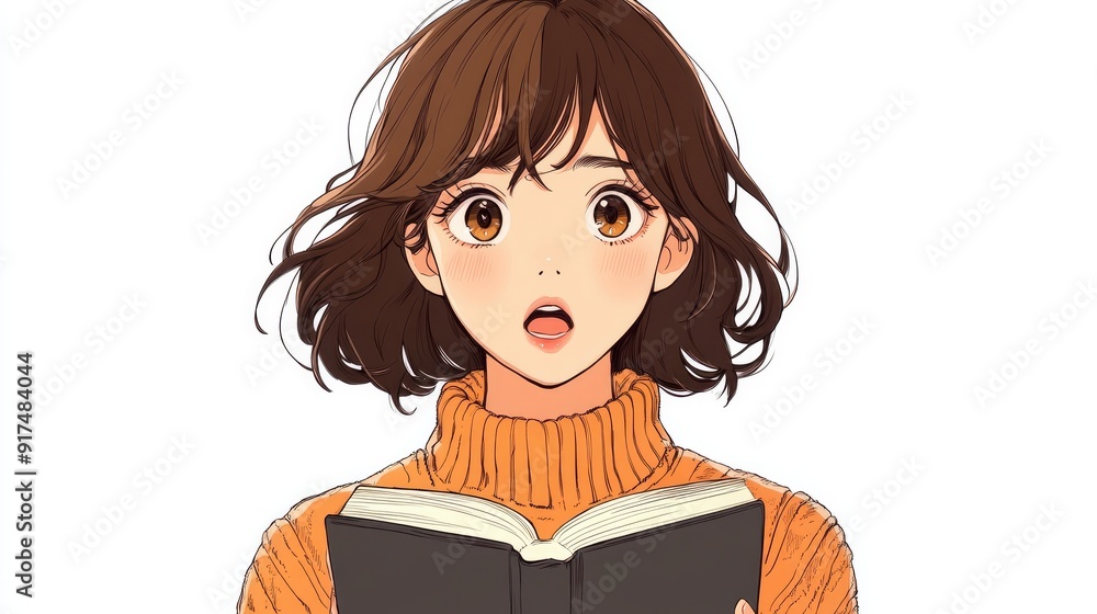 Anime-style cute woman with short, wavy hair, a surprised expression, and a cozy sweater, holding a book, isolated on white Anime-style cute woman with short, wavy hair, a surprised expression, and a cozy sweater, holding a book, isolated on white