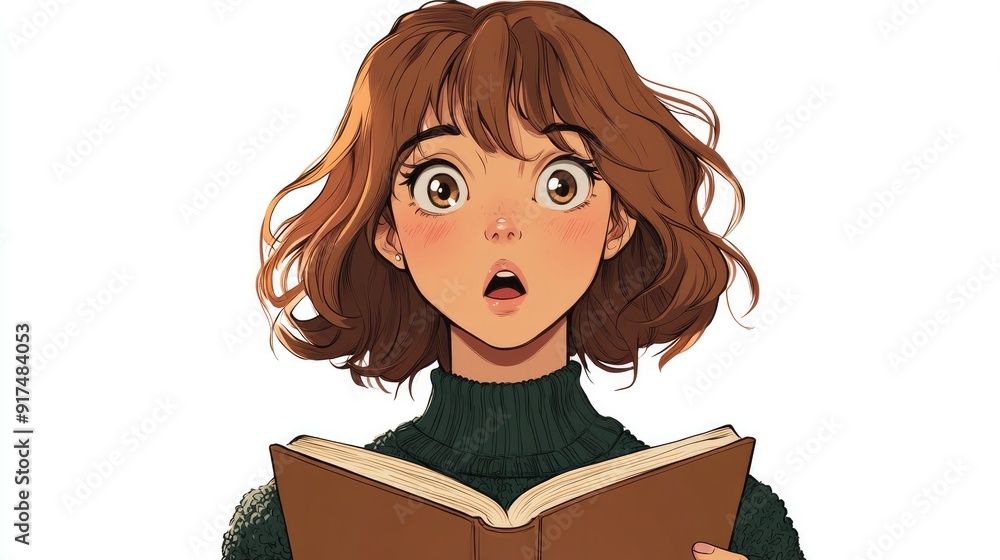 Anime-style cute woman with short, wavy hair, a surprised expression, and a cozy sweater, holding a book, isolated on white Anime-style cute woman with short, wavy hair, a surprised expression, and a cozy sweater, holding a book, isolated on white