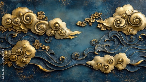 Elegant golden cloud and blue wave decorations, crafted in a highly ornamented oriental style with intricate inlay, eccentric penmanship, and biomorphic designs, showcasing Shin Hanga influences photo