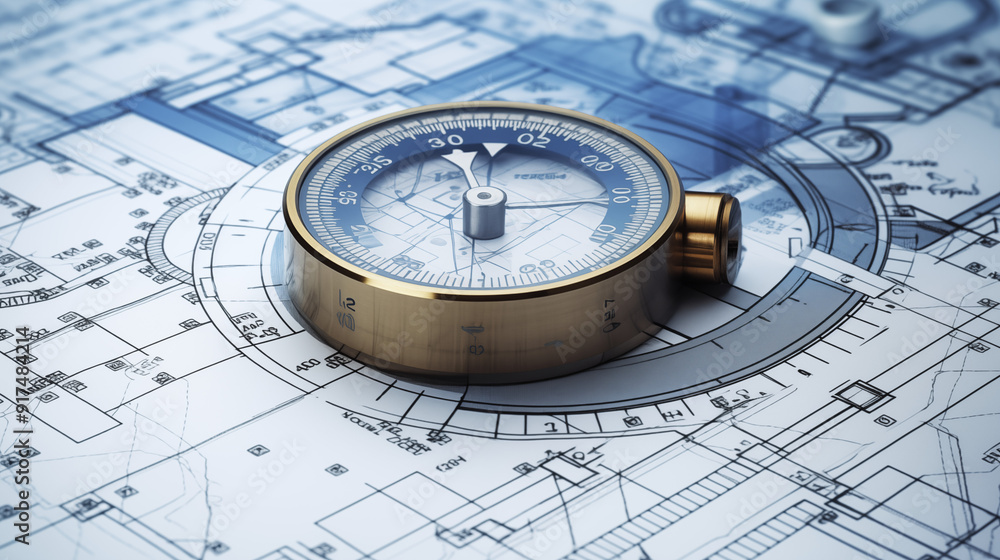 Precision Compass On Circular Blueprint Layout On Architect's Desk With Detailed Engineering Plans Close-up Of Construction Design Tools Precision Compass On Circular Blueprint Layout On Architect's Desk With Detailed Engineering Plans Close-up Of Construction Design Tools