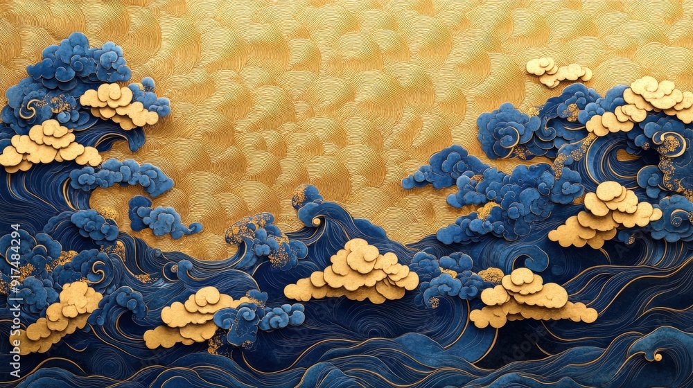 Highly detailed golden cloud and blue wave patterns in an oriental ...