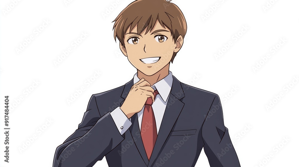 Cute anime man with a confident smile, short hair, and a suit, adjusting his tie, isolated on white background Cute anime man with a confident smile, short hair, and a suit, adjusting his tie, isolated on white background