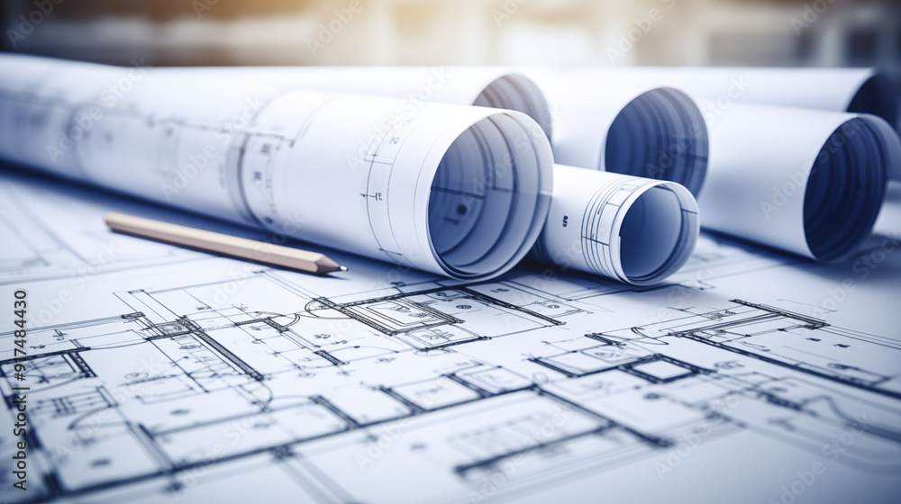 Architectural Plans With Rolled-Up Drawings And Pencil On A Work Surface In A Professional Design Studio Highlighting The Drafting Process And Attention To Detail Architectural Plans With Rolled-Up Drawings And Pencil On A Work Surface In A Professional Design Studio Highlighting The Drafting Process And Attention To Detail