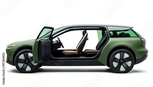 Green Electric Car Concept 3D Rendering with Open Doors