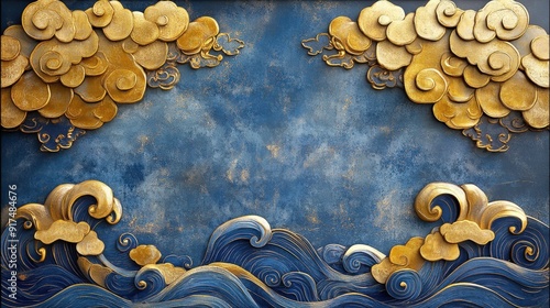 Intricate golden cloud and blue wave decorations, styled in an ornate oriental fashion with inlay details, eccentric penmanship, and biomorphic shapes, reflecting Shin Hanga influence photo