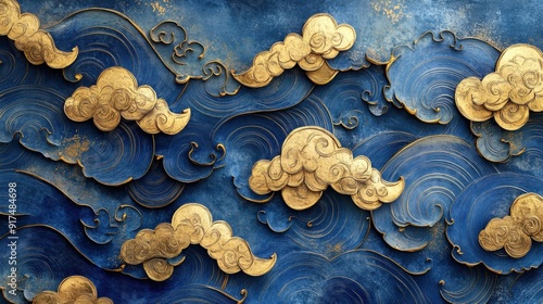 Intricate golden cloud and blue wave decorations, styled in an ornate oriental fashion with inlay details, eccentric penmanship, and biomorphic shapes, reflecting Shin Hanga influence photo