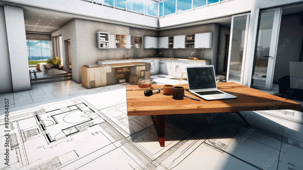 Modern Architectural Workspace With Laptop And Blueprint In Open-Concept Office Design And Drafting Area With Coffee Cup