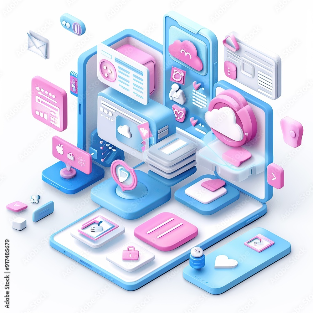 Illustrated App UI with Floating Charts in Soft Blue and Pink Illustrated App UI with Floating Charts in Soft Blue and Pink