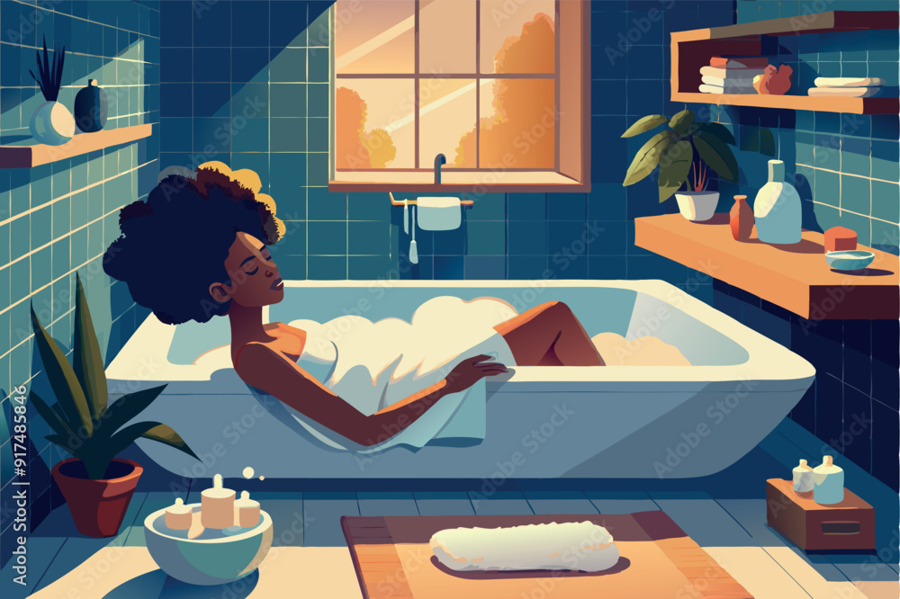 Obraz premium African young woman taking a bath flat vector illustration. Hygiene, morning routine, bathroom concept