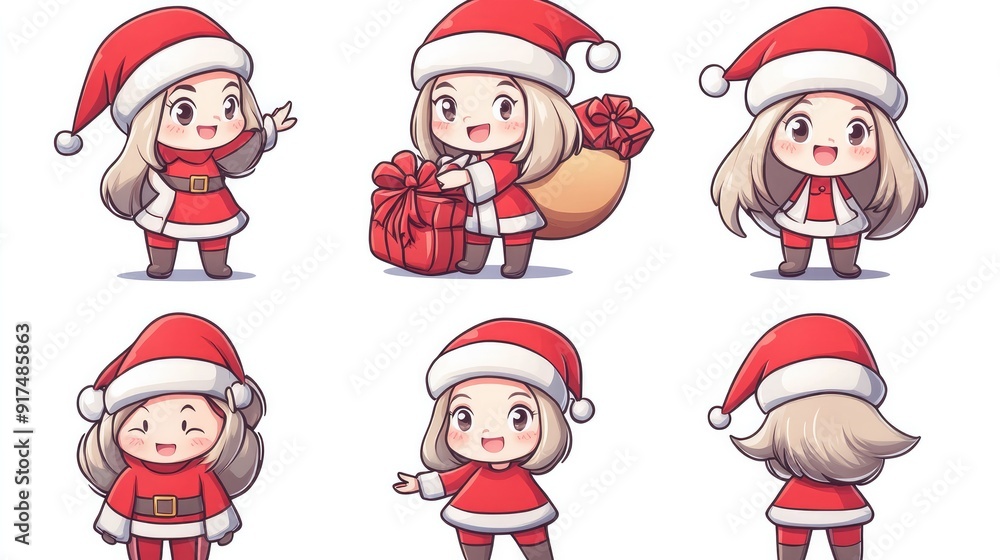 Set of cartoon Christmas illustrations featuring anime female Santa Claus, smiling cheerfully, holding a sack of presents, isolated on white Set of cartoon Christmas illustrations featuring anime female Santa Claus, smiling cheerfully, holding a sack of presents, isolated on white