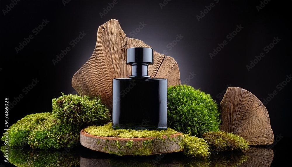 Black glass square bottle of perfume or cologne surrounded by wood and vegetation. Natural, fresh, woody scent.