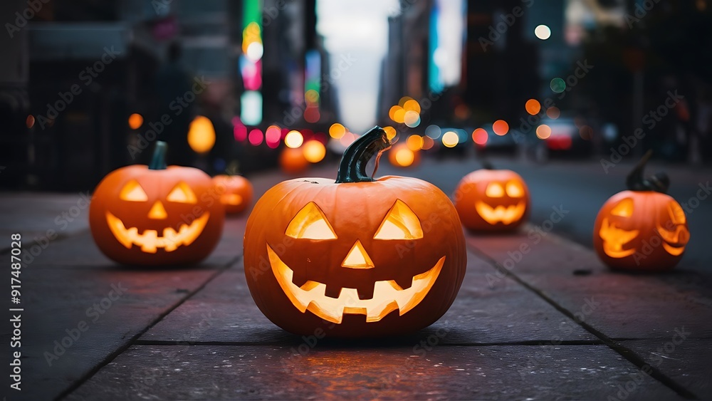 Glowing Pumpkin Decorations of the City for the Holiday. Halloween Concept Glowing Pumpkin Decorations of the City for the Holiday. Halloween Concept