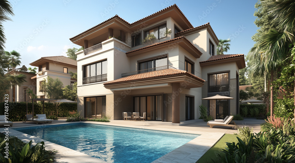 custom made wallpaper toronto digitalThree-Story Villa with Pyramid Roof: A Stucco Marvel in Modern Design