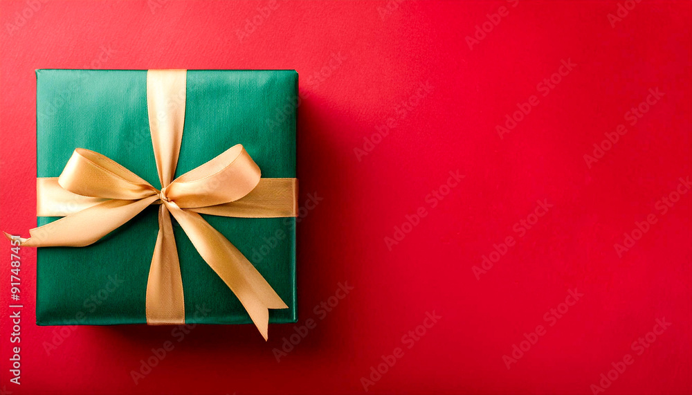 Dark green gift box with gold satin ribbon on a red background. Top view of birthday gift blank space for text. Dark green gift box with gold satin ribbon on a red background. Top view of birthday gift blank space for text.