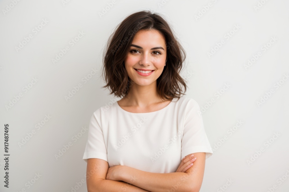 Overjoyed woman standing with arms crossed against light background Overjoyed woman standing with arms crossed against light background