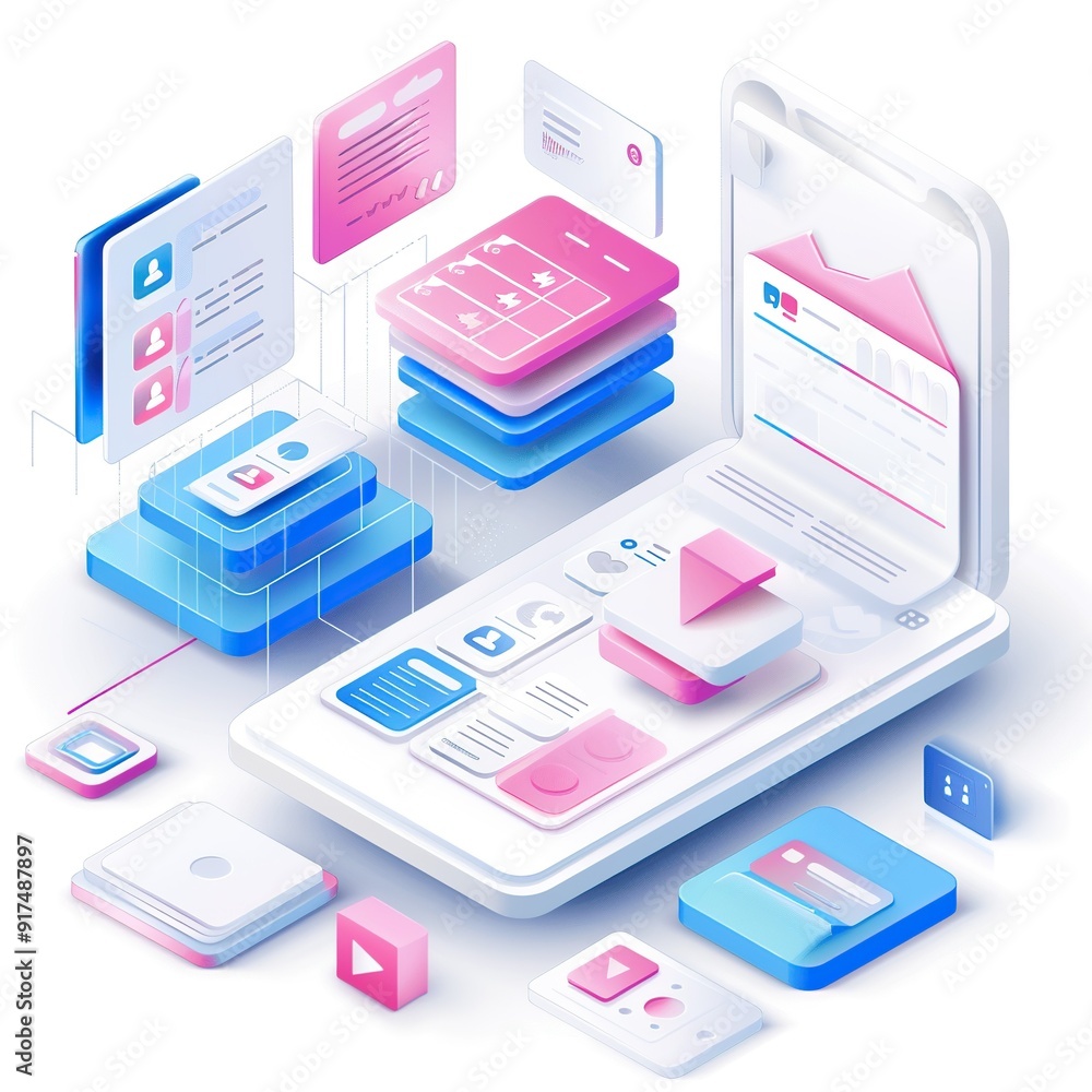 Blue Pink Floating Boxes on Clean White Background for App Design Blue Pink Floating Boxes on Clean White Background for App Design