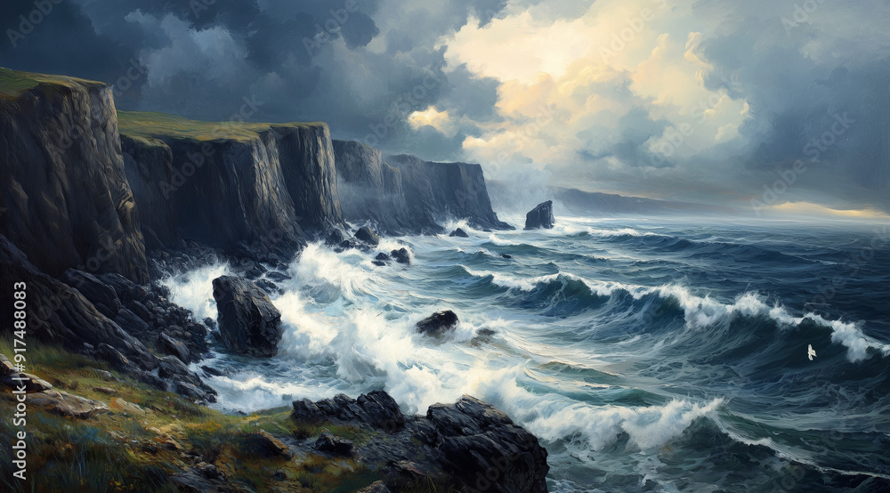 Dramatic Cliff Scene: Rugged Rocks and Crashing Waves Captured Dramatic Cliff Scene: Rugged Rocks and Crashing Waves Captured