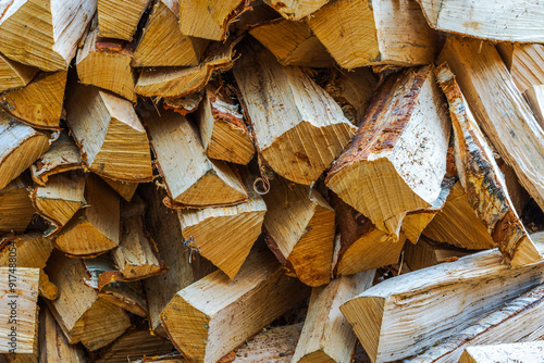 Close-up view of pile of birch firewood stacked in backyard of villa. Sweden. photo