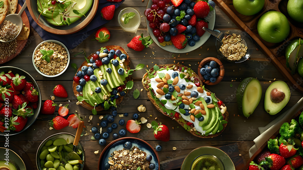 Fototapeta premium healthy food table top view featuring avocado toast, fresh fruits like strawberries and blueberries, bowls of yogurt with granola and nuts, directly above view, all arranged on a rustic wooden table.