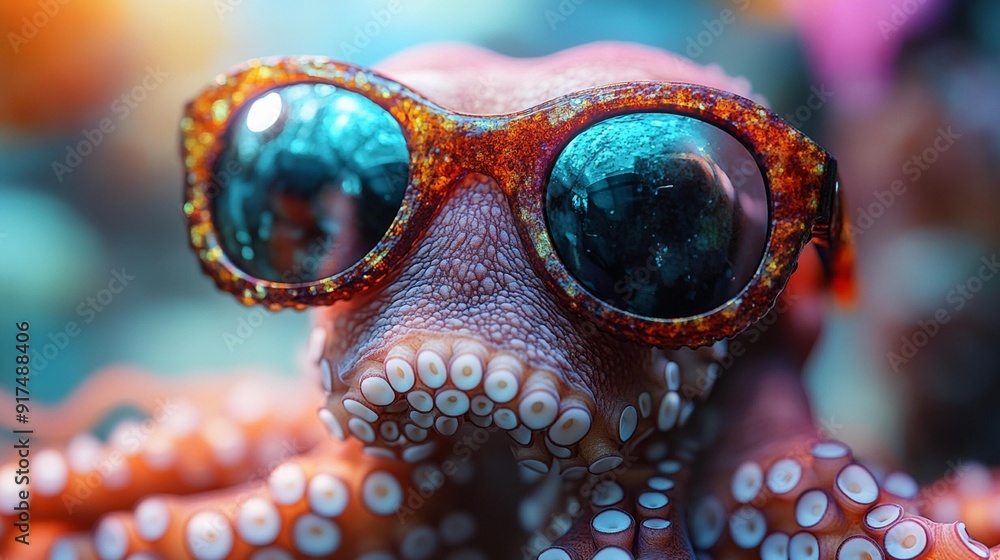 Obraz premium Colorful Studio Background Featuring Funny Octopus in Sunglasses, Ideal for Artistic and Humorous Graphics, Generative AI