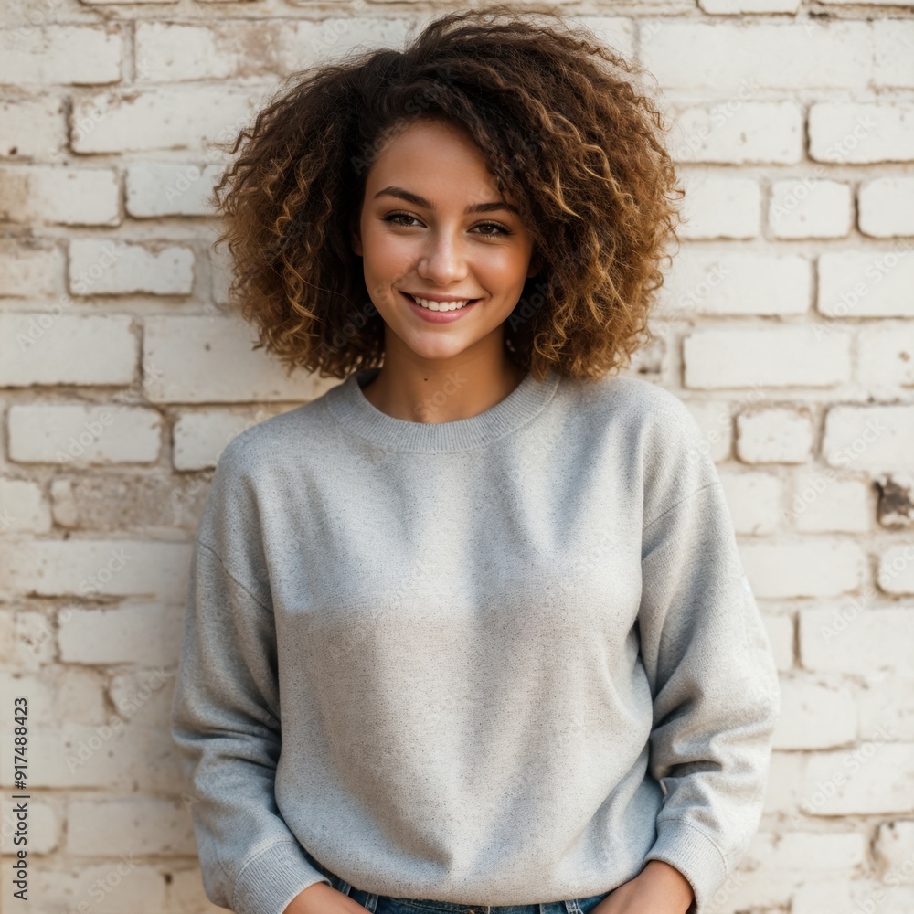 Pretty lady smiling softly against a white brick wall background Pretty lady smiling softly against a white brick wall background
