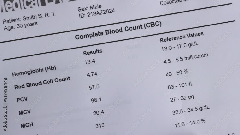 Complete blood count (CBC) test result for a simulated patient and two tubes of blood samples passing in front of the result Complete blood count (CBC) test result for a simulated patient and two tubes of blood samples passing in front of the result