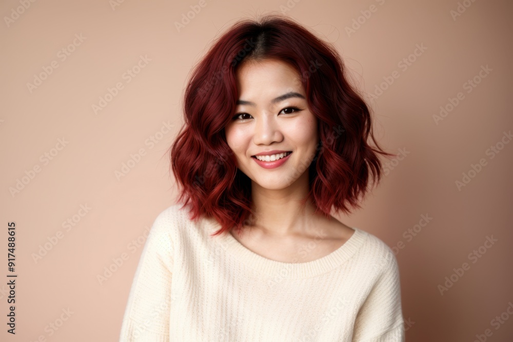 Radiant woman smiling in white sweater and short wavy hair on plain setting Radiant woman smiling in white sweater and short wavy hair on plain setting