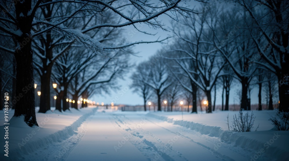 Serene snow-covered passage with trees in twilight scene Serene snow-covered passage with trees in twilight scene