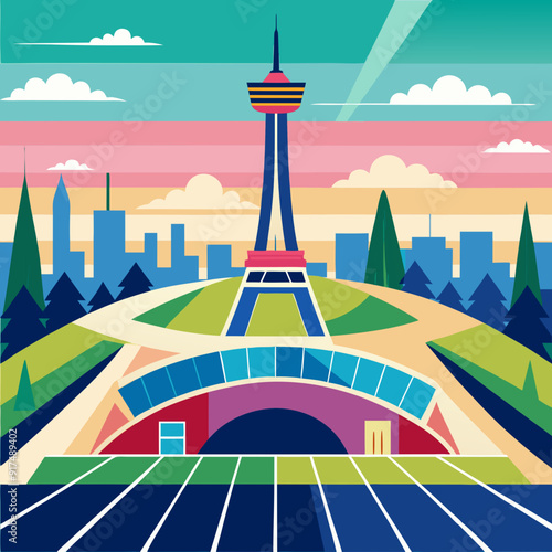Olympic stadium at France with Eiffel tower in the background in vectorial, Paris olympic games, vector, vectorial. eiffel tower city.
