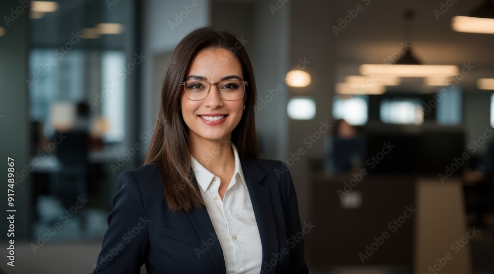 Smiling woman in business attire with glasses in corporate office Smiling woman in business attire with glasses in corporate office