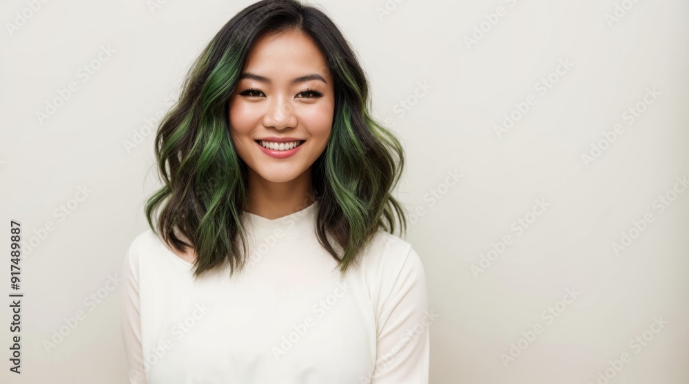 Smiling Woman in White Top Glowing with Happy Expression on Light Background Smiling Woman in White Top Glowing with Happy Expression on Light Background